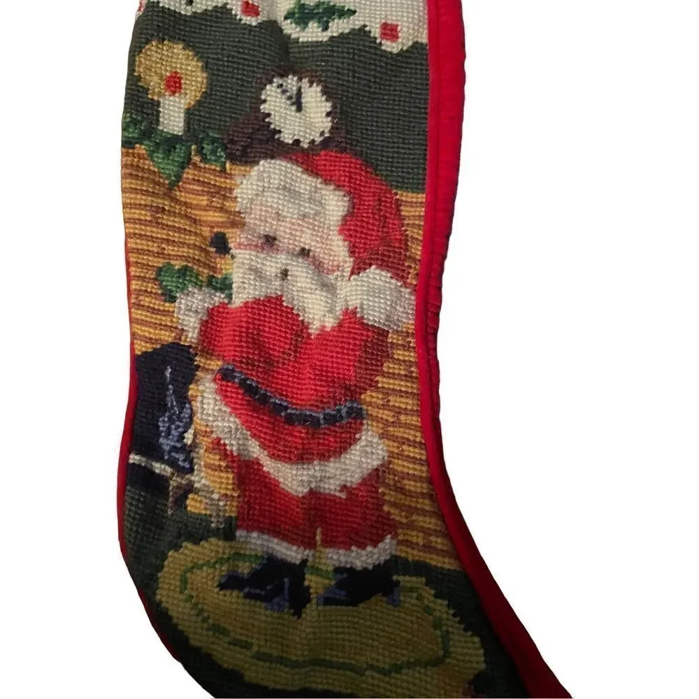 Vintage 1991 Embroidered Christmas Stocking Santa Claus and Elf by Chimney 19”